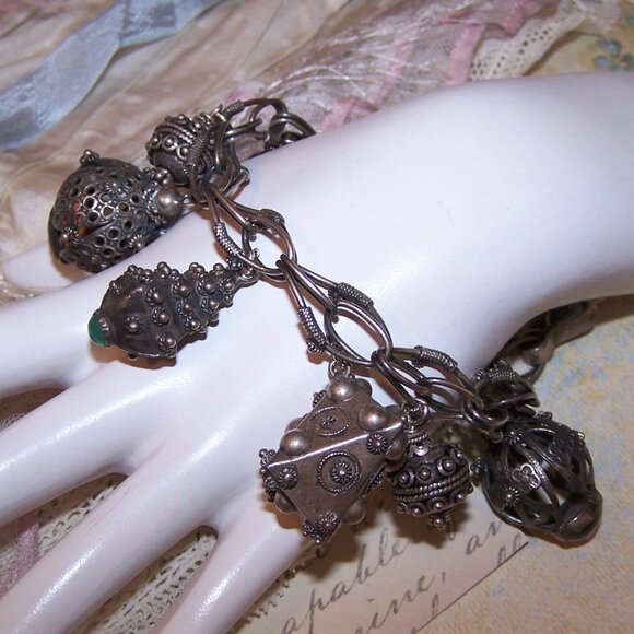 Made in Italy Italian 800 Silver Charm Bracelet - 7 Etruscan Revival Fob Charms - Picture 1 of 8